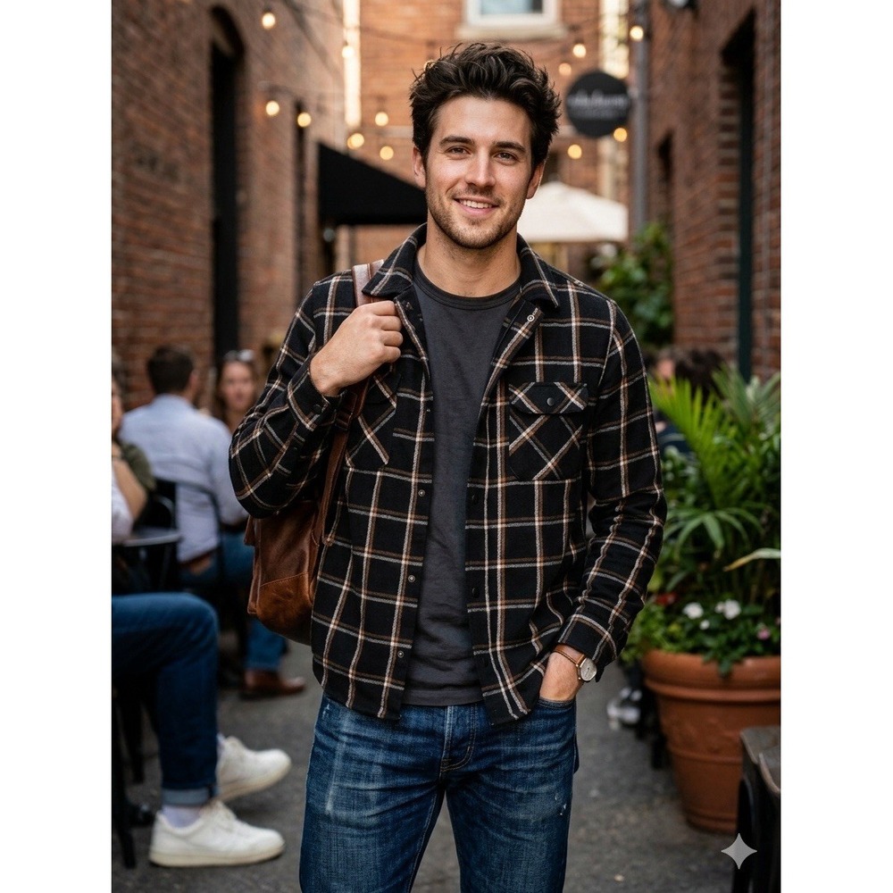 ZARA Men's Relaxed Fit Black Brown Plaid Flannel Button-Up Shirt Size L